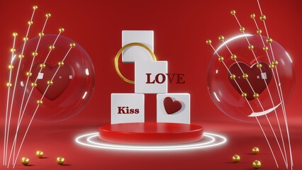 Fototapeta premium 3D rendering of red podium for Valentine products on Valentine's Day.