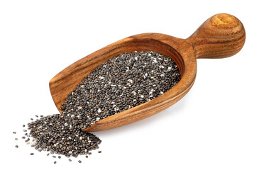 chia seeds in wooden scoop isolated on white