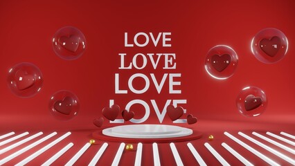 3D rendering of red podium for Valentine products on Valentine's Day.