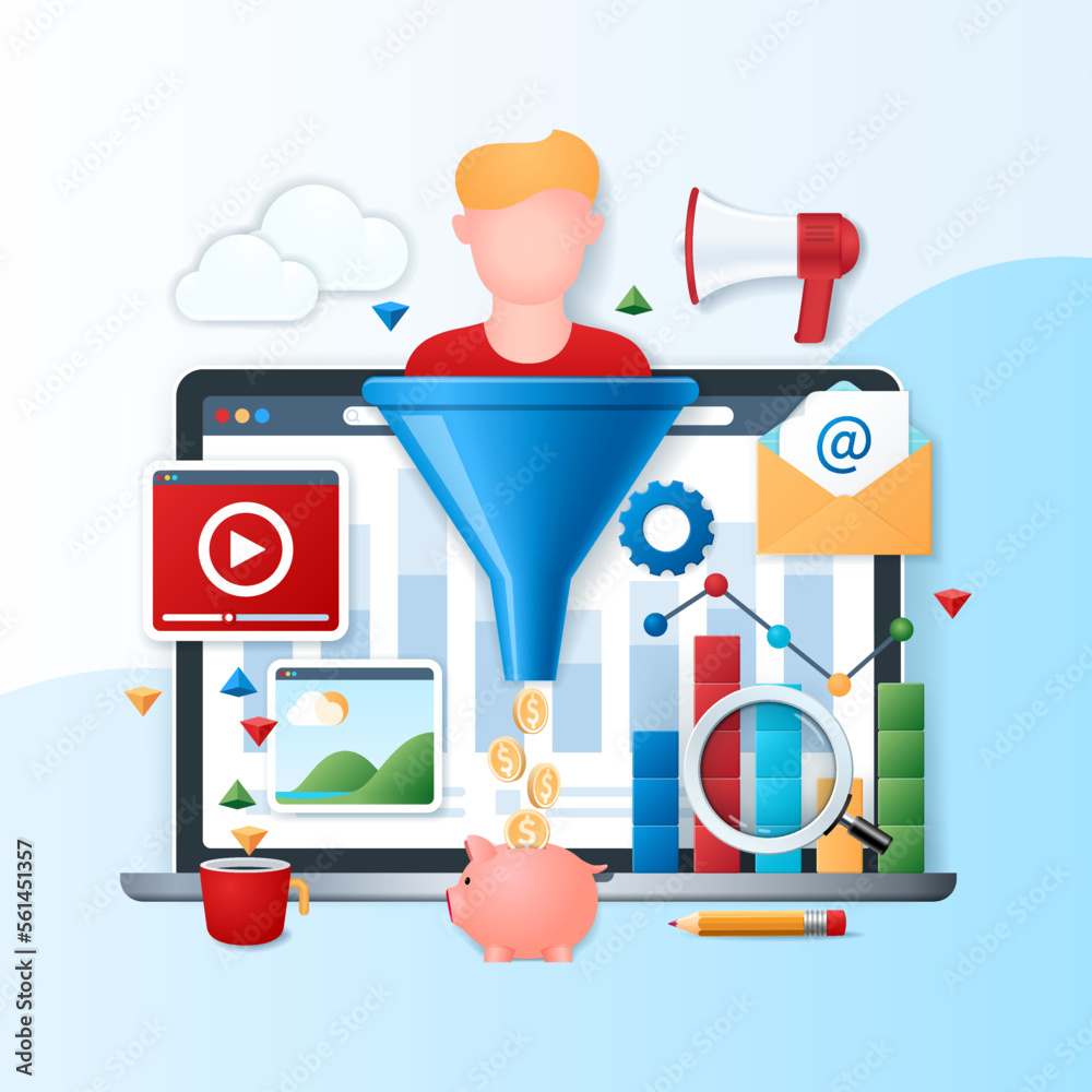 Poster conversion rate optimization banner. laptop with content icons on the screen. practice of increasing