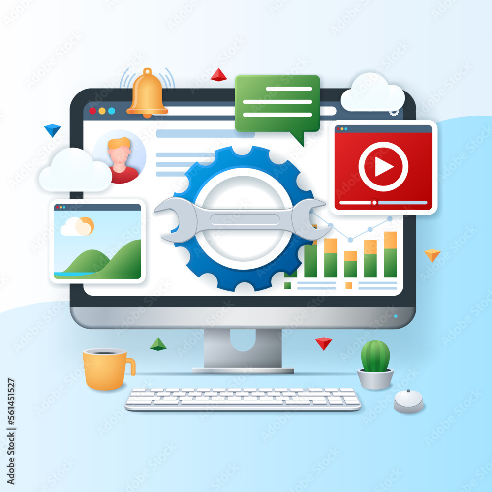 Poster website optimization banner. computer with spanner icon on the screen. business concept. web vector 