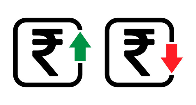Set of cost symbol rupee increase and decrease icon. Money vector symbol isolated on background