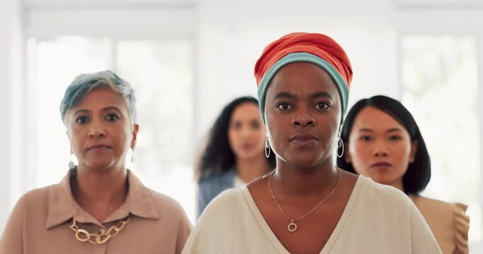 Team, business women and walking in office building with focus, global company and empowerment. Diversity, female teamwork and walk in startup for motivation, mindset or solidarity of visionary goals
