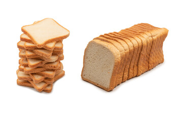 Delicious bread slices isolated on a white background, top view.