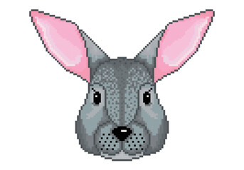 Rabbit face with pixelated texture isolated on white background. Cute bunny color icon for Chinese New Year, Easter card, t  shirt, sticker or other using. Universal rabbit image. Vector illustration.