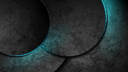 Black grunge tech circles with blue neon lights abstract design