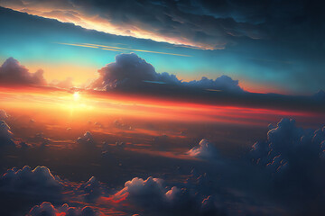 Sunset skyscape in the clouds. Beautiful paint illustration sunset skyscape. Generated by AI