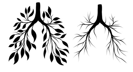 Vector set of black silhouette of human lungs from leaves and branches. Withering health. Old human organ. Earth seasons. - 561454710