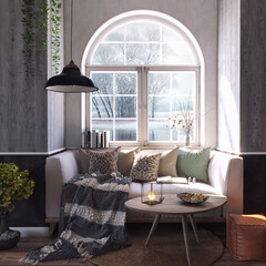 Cute pillows on comfortable sofa in scandinavian modern living room © Victor zastol'skiy