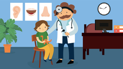 ENT doctor examines a boy with a toy with a dinosaur in his hands