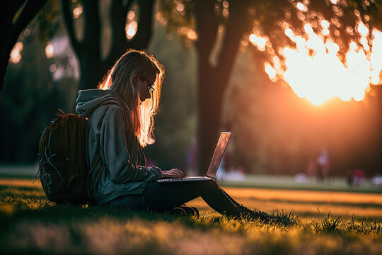 Generative Illustration Of A Young Woman Working With The Laptop At Sunset Sitting On The Grass Of A Park In The Golden Hour