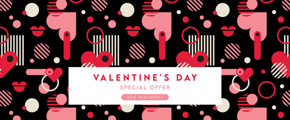 Romantic vector abstract geometric background with hearts, circles, rectangles and squares in retro scandinavian style. Pastel colored simple shapes graphic pattern. Abstract mosaic artwork.