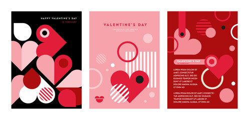 Romantic vector abstract geometric greeting card set with hearts, circles, rectangles and squares in retro scandinavian style. Pastel colored simple shapes graphic pattern. Abstract mosaic artwork.