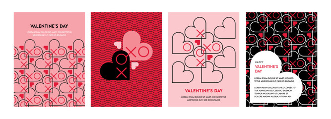 Valentine's day concept posters set. Vector illustration. red and pink paper hearts with frame on geometric background. Cute love sale banners or greeting cards