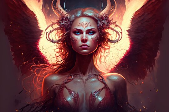 Hell's angel, Beautiful goddess with big horns and wings, Generative Ai, Not a real person