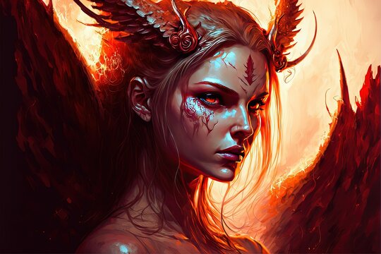 Hell's angel, Beautiful goddess with big horns and wings, Generative Ai, Not a real person