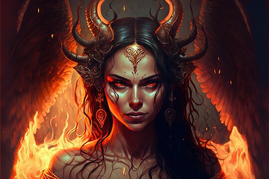 Hell's angel, Beautiful goddess with big horns and wings, Generative Ai, Not a real person