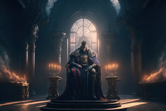 King sitting on the throne, old castle with big windows, Throne room, Generative Ai, Not a real person