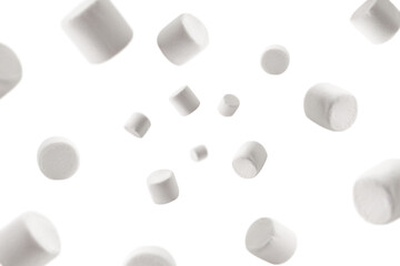 Falling marshmallow isolated on white background, selective focus
