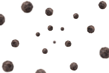 Falling black pepper, peppercorn, isolated on white background, selective focus