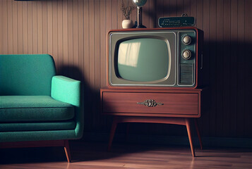 Retro television from the fifties, old fashioned vintage living room illustration, generative AI unreal tv models