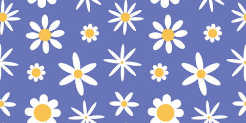 Cute daisy pattern, spring flowers. Summer floral chamomile print, white and yellow bloom on purple. Decor textile, wrapping paper, wallpaper design vector seamless recent background