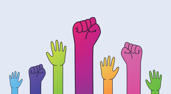 Raised human fists and palm, hands up icons. Unity and solidarity colorful arms, pump power, woman or man people punch. People cooperation, tolerance and liberty, vector flat recent concept