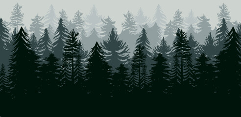 Fototapeta premium Pine tree forest, evergreen background. Christmas firs, snow white winter backdrop, spruce landscape. Coniferous natural woodland. Horizontal banner. Vector graphic garish panorama