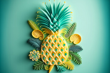 whimsical paper quilling of yellow and green pineapple with palm leaves and flowers