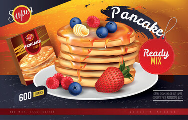 Sweet pancakes. Honey baking food ad box. Advertising of waffle with butter and fruits. Bakery snacks stack on plate. Dessert cooking dough mix. Vector realistic exact template design