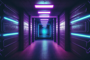 Glowing blue purple cyber tunnel 3D