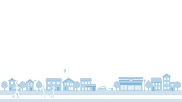 街を歩く人々の線画アニメーション、シンプルな街並み背景（テキスト用スペース）ブルー