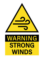 Warning, strong winds. Yellow triangle warning sign with wind pictogram and text below.