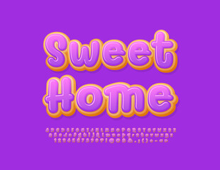 Vector tasty sign Sweet Home. Glazed Donut Font. Creative Alphabet Letters, Numbers and Symbols set