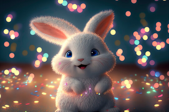 white bunny sitting in a pile of easter eggs and colorful bokeh lights in the background