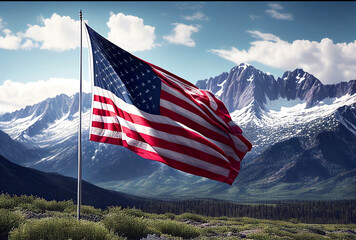 USA flag flying in the mountains