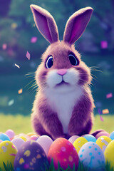 cute withe bunny with easter eggs, easter holiday