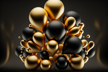 decorative  golden balloons and black balloons isolated on black background for a party vibe, Generative AI