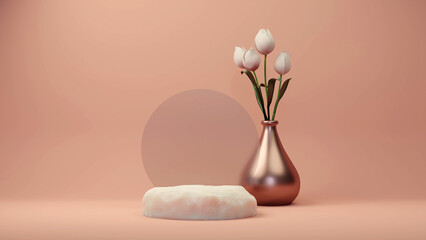 3d background products display cream stone podium scene with flowers in vase geometric platform. cream background 3d render with stone podium. stand for cosmetic product. Stage on a pedestal