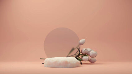 3d background products display cream stone podium scene with flowers  geometric platform. cream background 3d render with stone podium. stand for cosmetic product. Stage on a pedestal