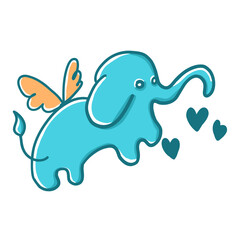 Happy Valentine Day. Lovely Elephant Cupid Amur in cartoon flat style isolated on white background.