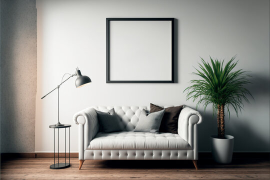 blank Picture frame mockup. hanging in modern living room home decor interior. Generative AI
