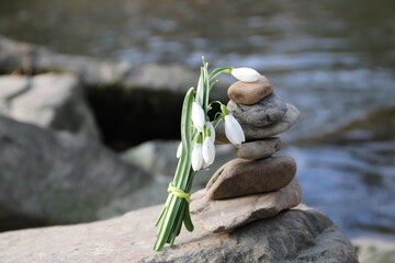 Kleiner Strauß Schneeglöckchen mit Steinpryramide am Wasser