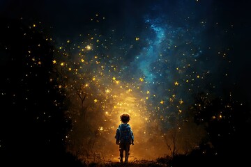 Obraz premium A little boy walks on a path made of stars, surrounded by the cosmic sky and galaxies.