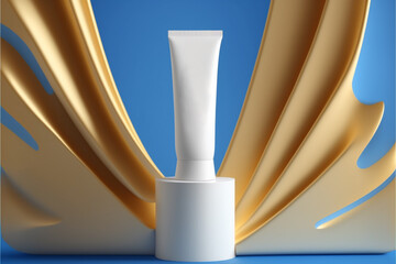 white color blank toothpaste tube on flat design a lot of space 3d dark-blue and gold rich background, Generative AI - obrazy, fototapety, plakaty