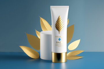 white color blank skincare tube on flat design a lot of space 3d dark-blue and gold rich background product display podium scene with blue leaf platform, close up. Generative AI - obrazy, fototapety, plakaty