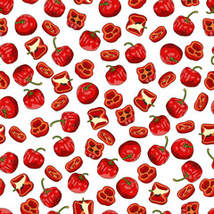 Seamless pattern with Rocoto peppers. Locoto peppers. Rocote peppers. Capsicum pubescens. Chili pepper. Vegetables. Cartoon style. Vector illustration isolated on white background.