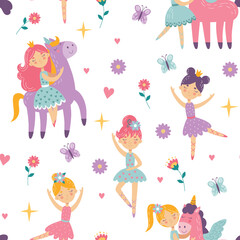 Cute childish ballerina, kids pattern. Sweet pink princess girl with magic unicorn, ballet fabric for nursery bedroom, fashion flowers textile, wallpaper and wrapping, vector seamless tidy print