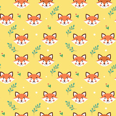 Cute fox pattern, animal face print. Autumn kid, winter forest baby print, pretty geo woodland, kawaii wildlife person. Decor textile, wrapping paper, wallpaper. Vector seamless tidy background