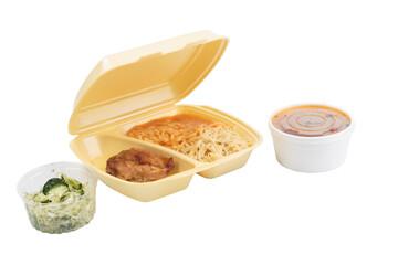 Chicken and pasta in a plastic box for delivery.